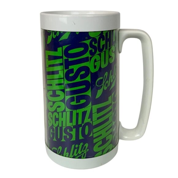 Vintage Thermo-Serv Schlitz Gusto Plastic Beer Stein Mug 22 Oz Green White - Picture 1 of 6